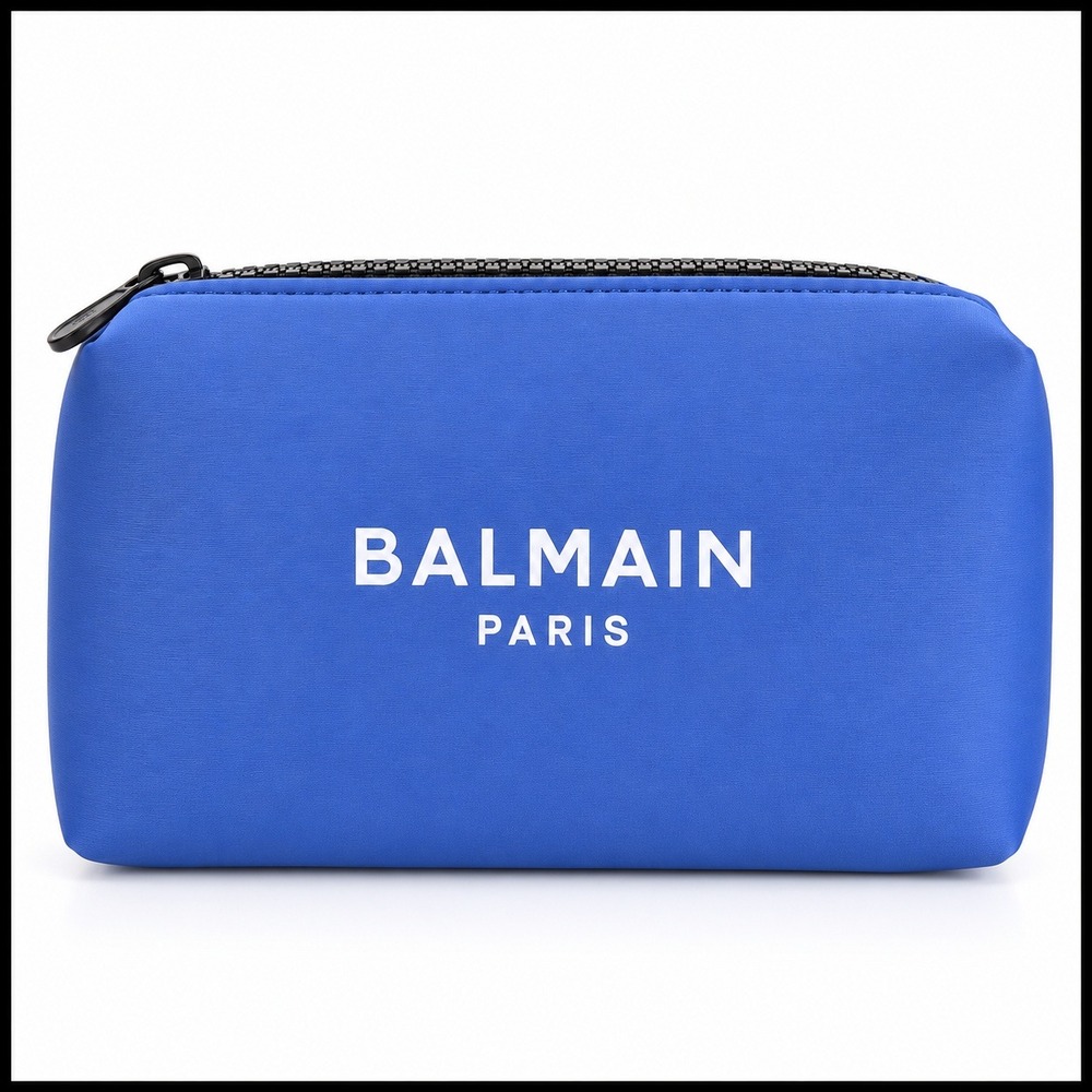 Balmain Paris Royal Blue Neoprene Cosmetic Pouch Makeup Bag Logo Zipper Case